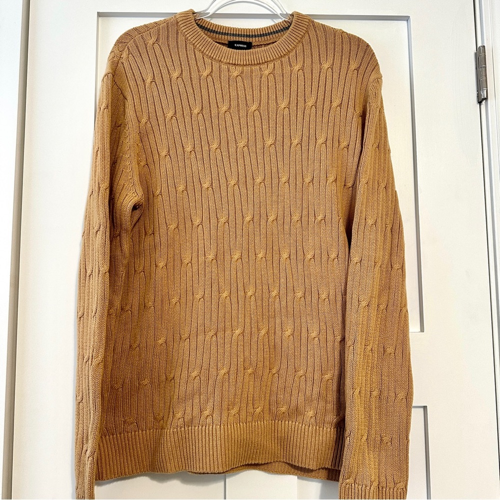 Express Men's Crew Neck Cable Knit Tan Cotton Sweater • Large